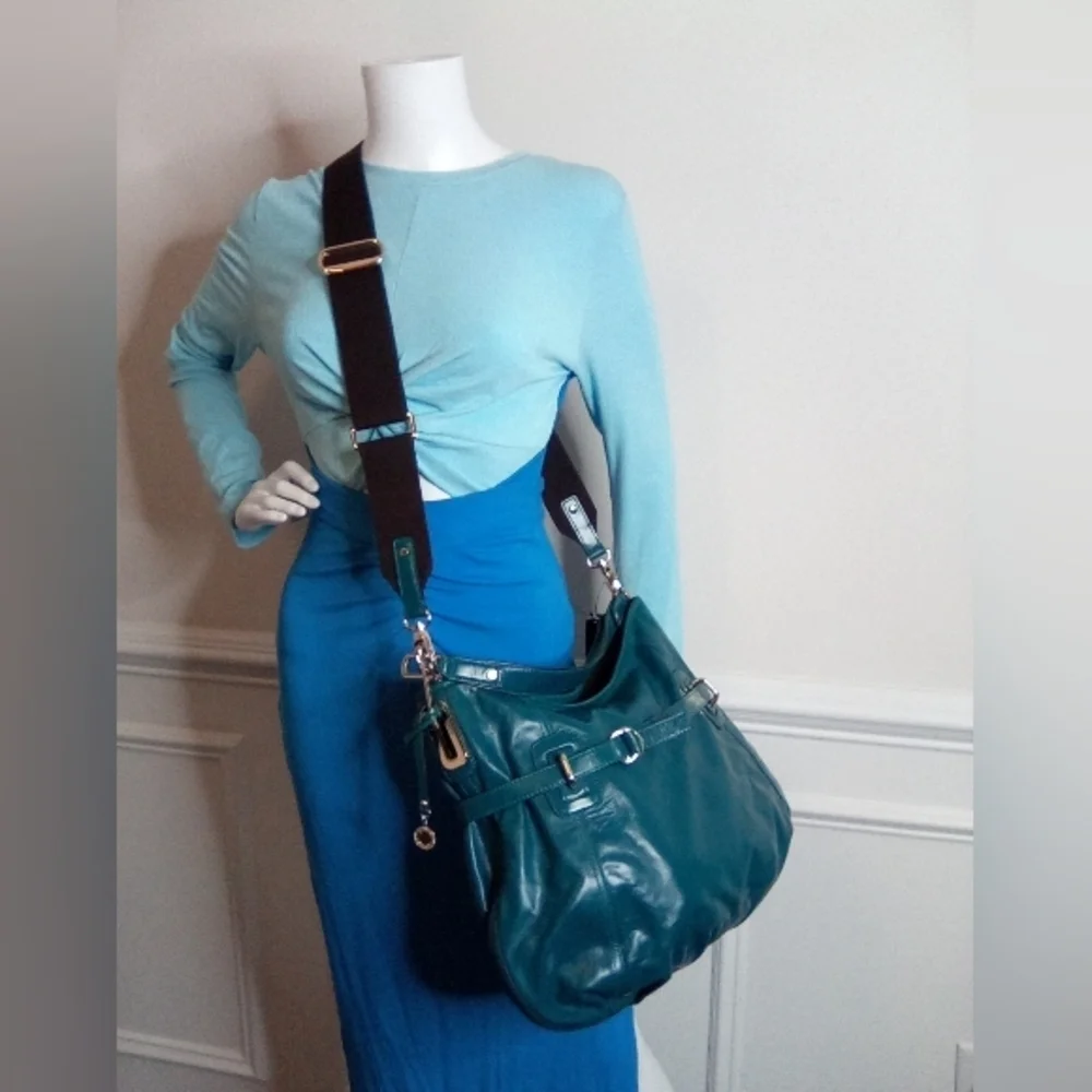 Teal Leather Shoulder Bag with removable Crossbody Strap.